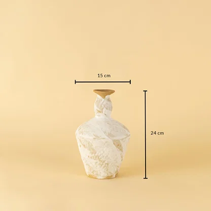 Tall white and brown ceramic vase with swirl texture shown with 24 cm height and 15 cm width for size reference.