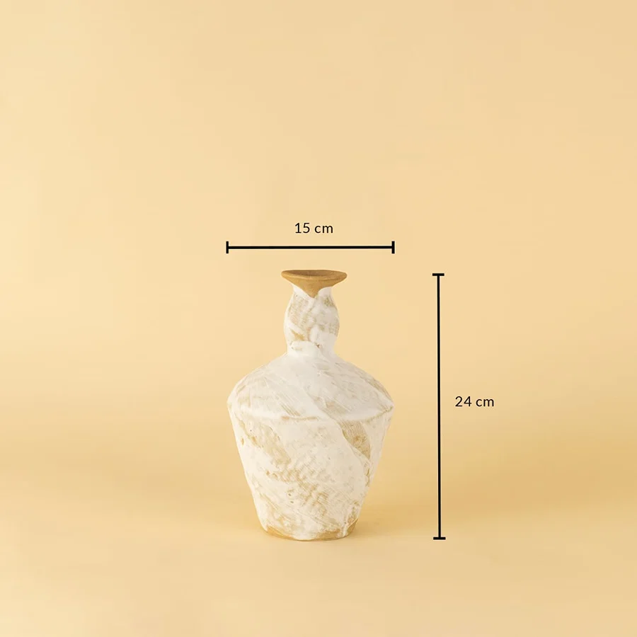 Tall white and brown ceramic vase with swirl texture shown with 24 cm height and 15 cm width for size reference.