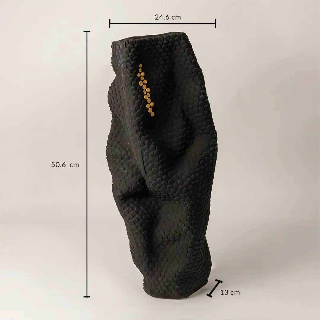 Black textured ceramic vase with gold detail measuring 50.6 cm height and 24.6 cm width shown on white background.