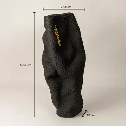 Black textured ceramic vase with gold detail measuring 50.6 cm height and 24.6 cm width shown on white background.
