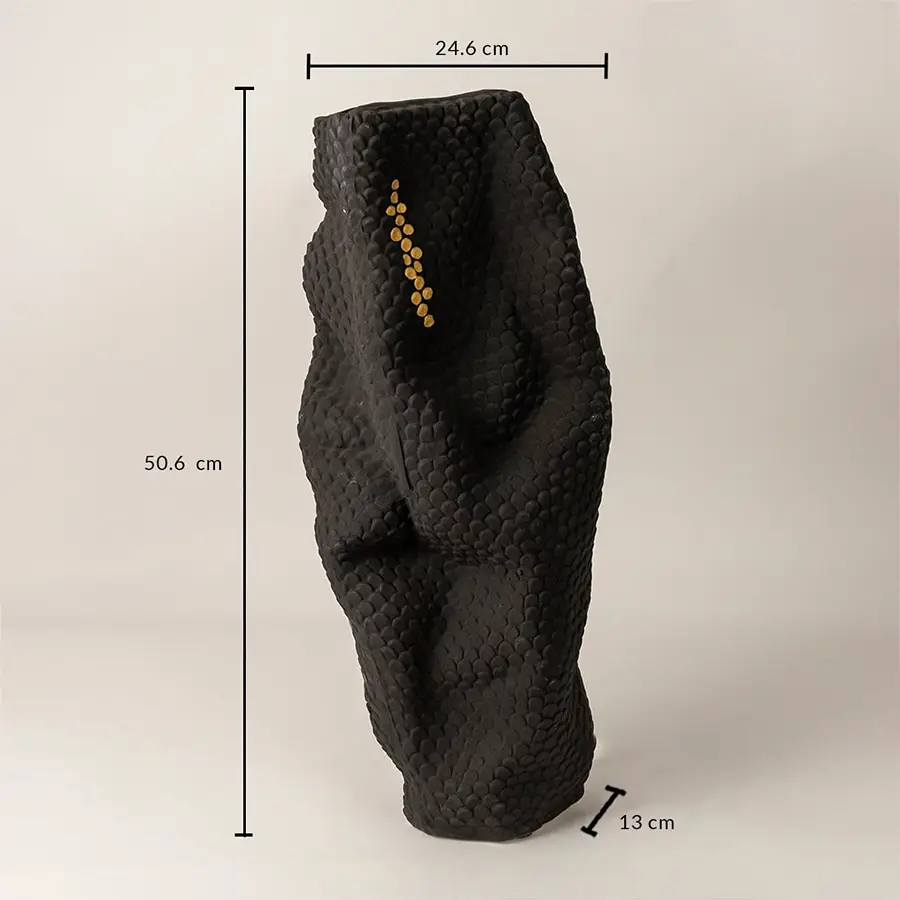 Black textured ceramic vase with gold detail measuring 50.6 cm height and 24.6 cm width shown on white background.