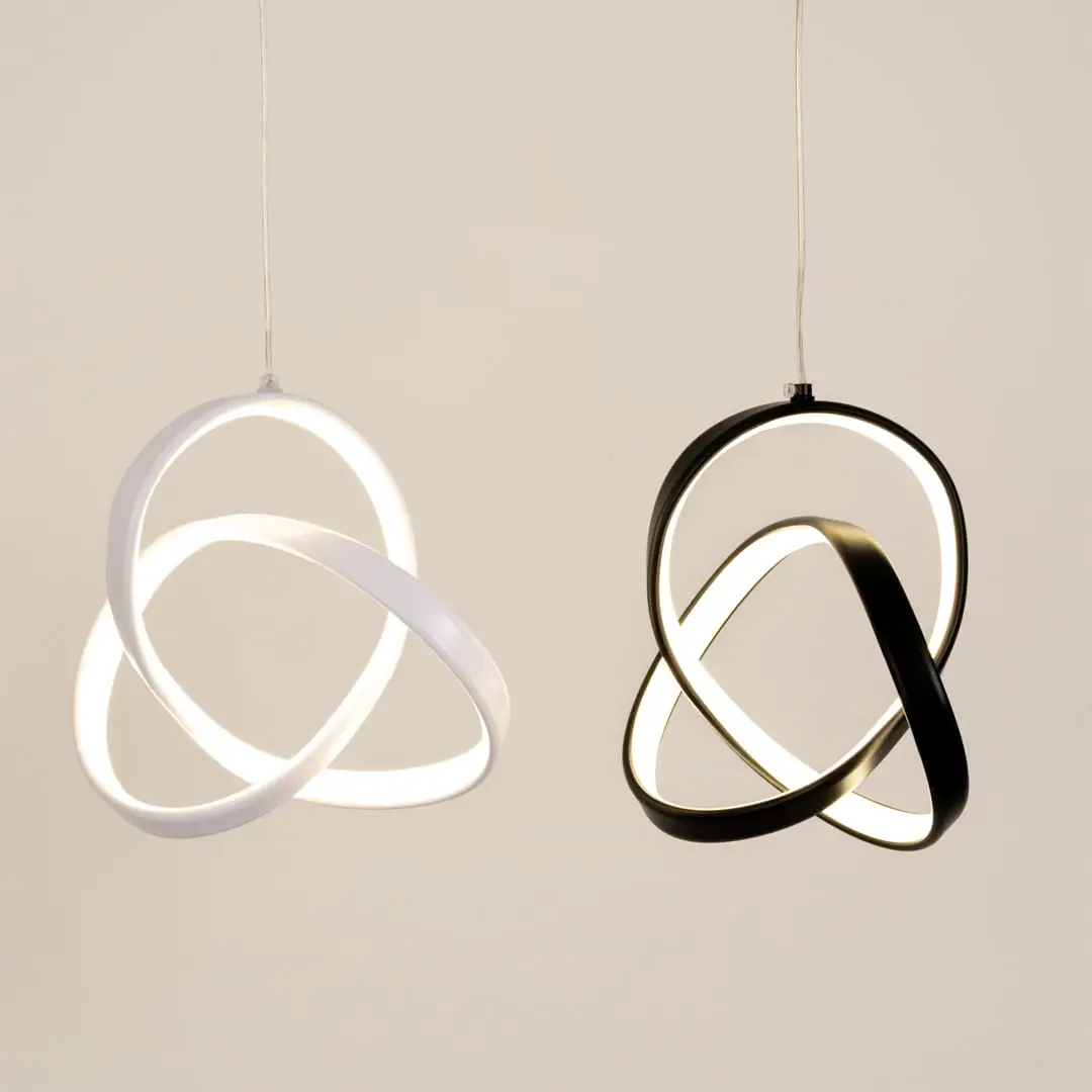 Pair of black and white metal LED pendant lights showcasing artistic modern lighting styles.