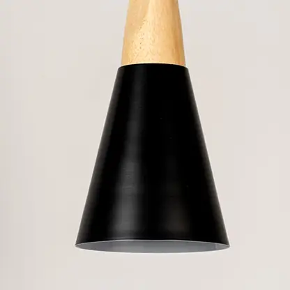 Black metal pendant light with natural wood detailing showcasing sleek cone shape and modern Scandinavian style.