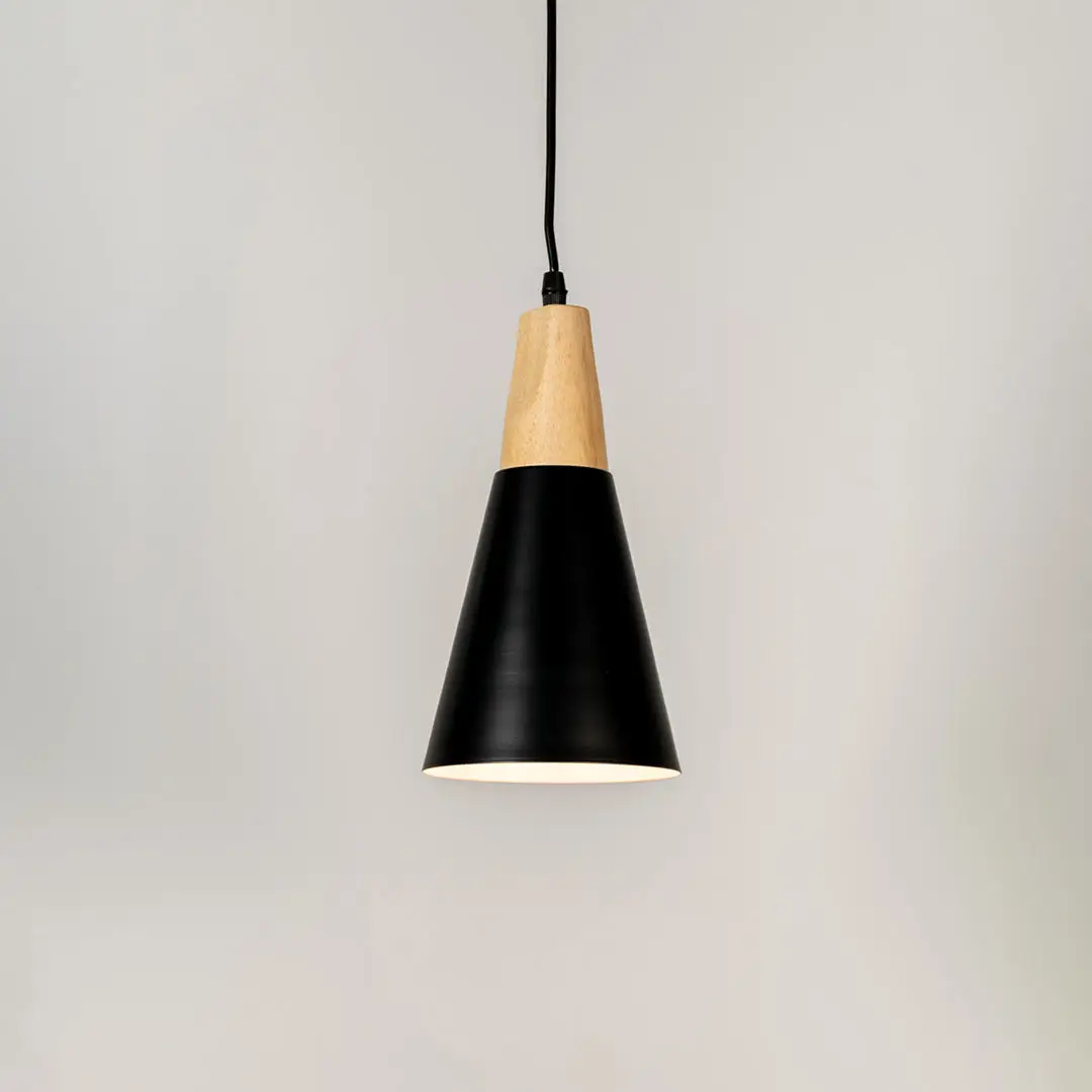 Black metal pendant light with natural wood accents and minimalist cone design for contemporary ceiling lighting decor.