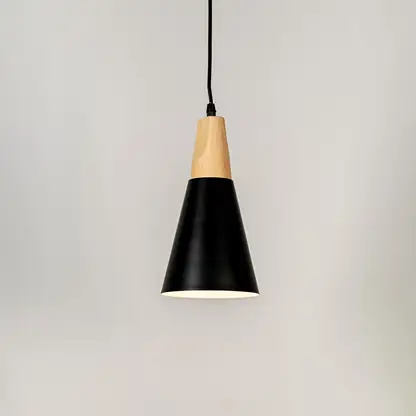 Black metal pendant light with natural wood accents and minimalist cone design for contemporary ceiling lighting decor.