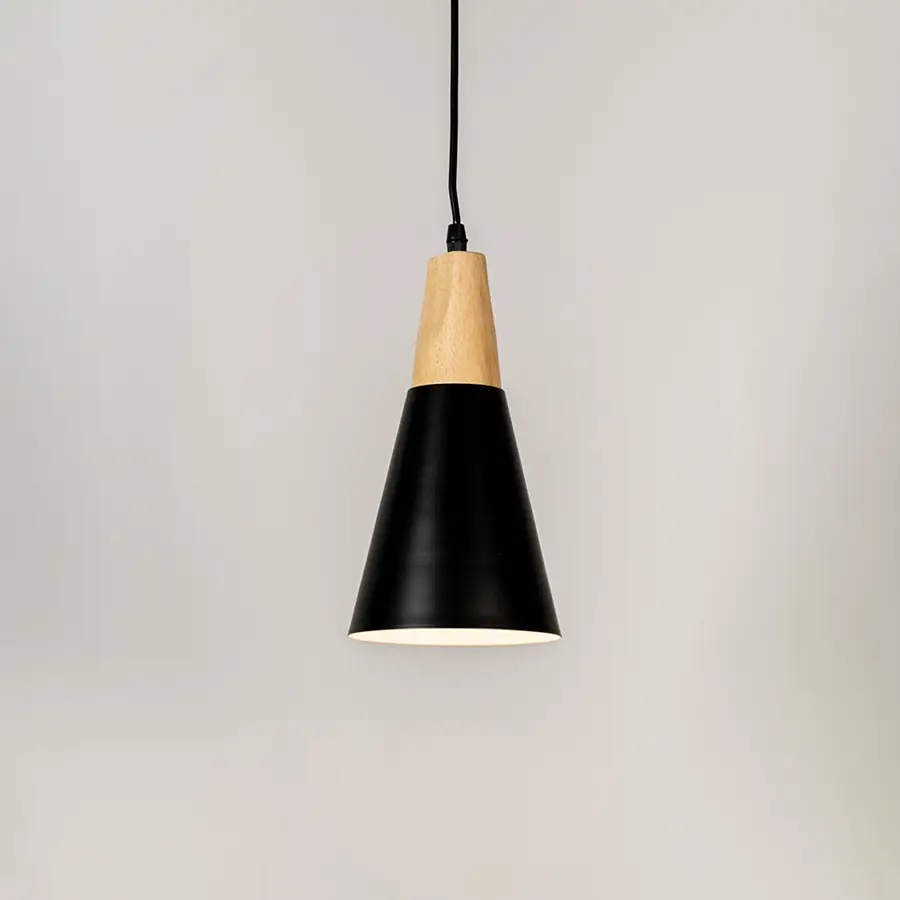 Black metal pendant light with natural wood accents and minimalist cone design for contemporary ceiling lighting decor.
