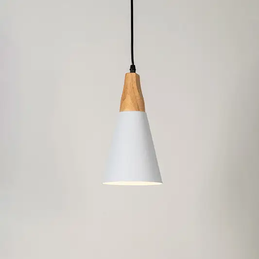 White metal pendant light with natural wood accents and minimalist cone design for contemporary ceiling lighting decor.