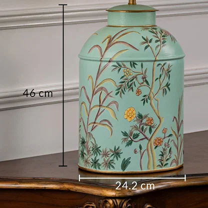 Table lamp dimension image featuring aqua ceramic base with floral design and clearly shown size measurements.