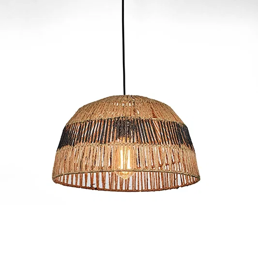 Natural and black rattan pendant light shade with handcrafted woven design for modern boho ceiling lighting decor.