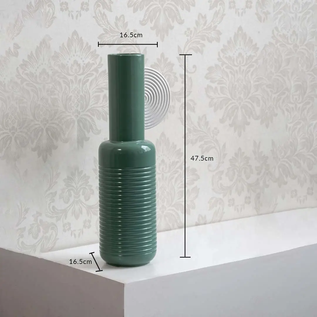 Teal ribbed ceramic vase with 47.5 cm height and 16.5 cm width shown clearly for accurate home decor size reference.