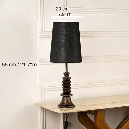 Dark wood table lamp with black fabric shade, 55 x 20 x 20 cm (21.7 x 7.9 x 7.9 inches) dimensions