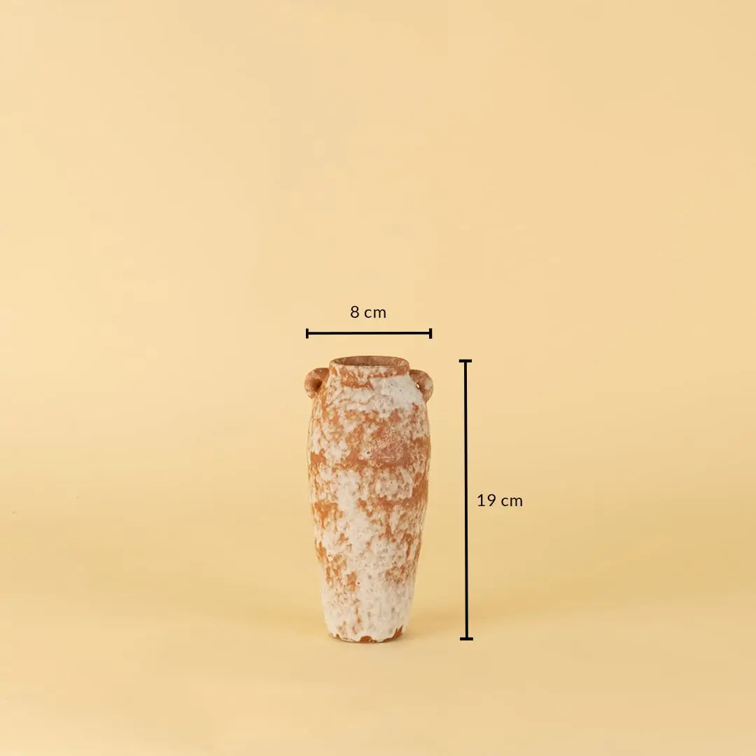 Tall terracotta ceramic vase with slim body shown on beige background measuring 19cm height and 8cm width.