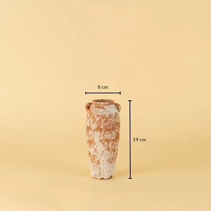 Tall terracotta ceramic vase with slim body shown on beige background measuring 19cm height and 8cm width.