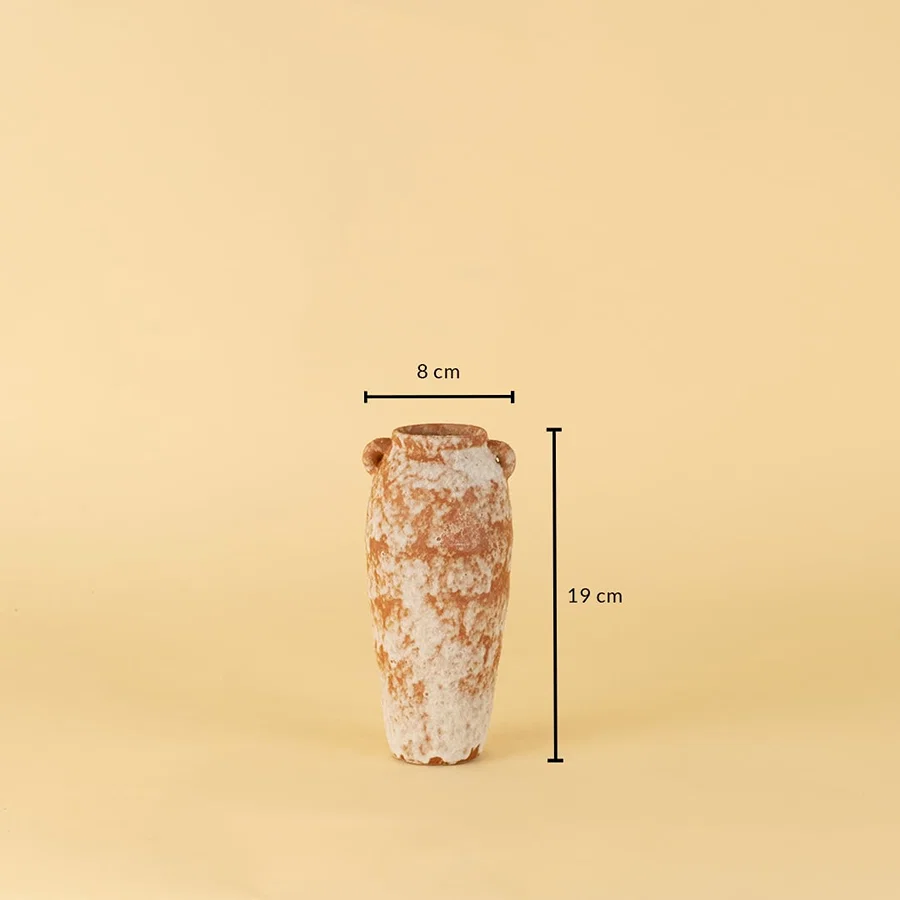 Tall terracotta ceramic vase with slim body shown on beige background measuring 19cm height and 8cm width.