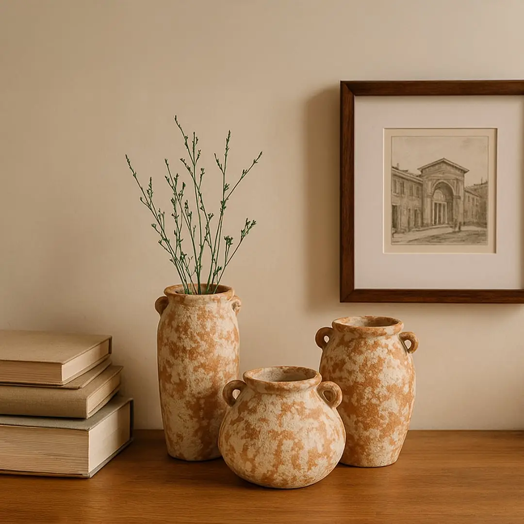 Tall terracotta ceramic vase in rustic orange white textured finish styled on wooden table with books and framed wall art.