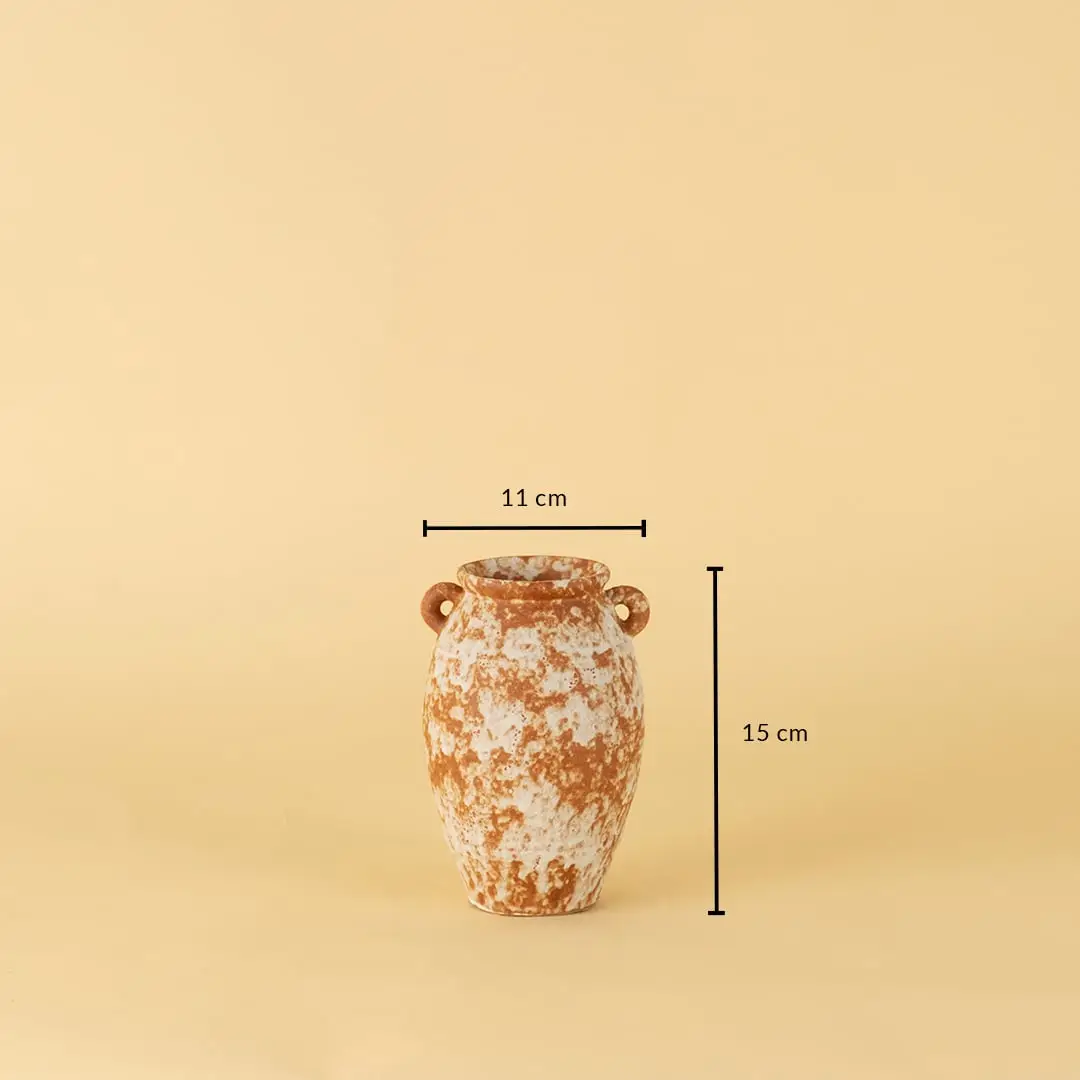 Rustic terracotta ceramic vase with side handles shown on beige background measuring 15cm height and 11cm width.