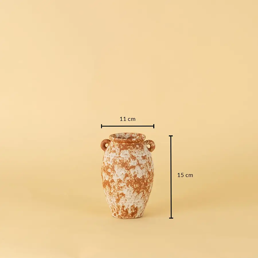 Rustic terracotta ceramic vase with side handles shown on beige background measuring 15cm height and 11cm width.