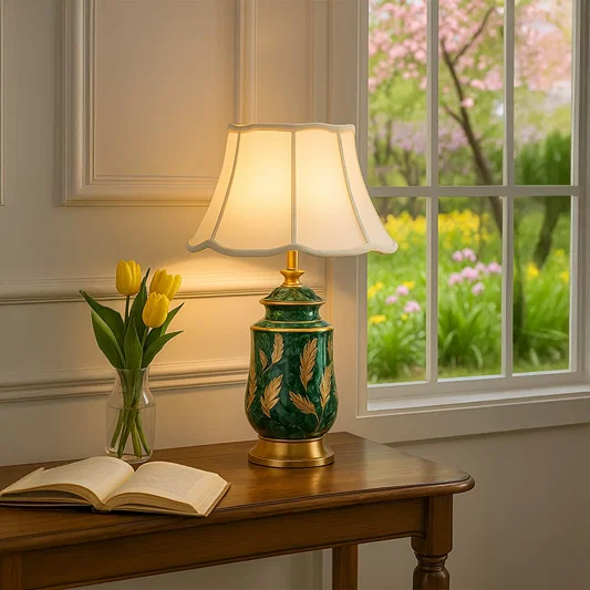 Elegant green ceramic table lamp with gold detailing and fabric shade adding luxury and artistic beauty to classic home decor settings.