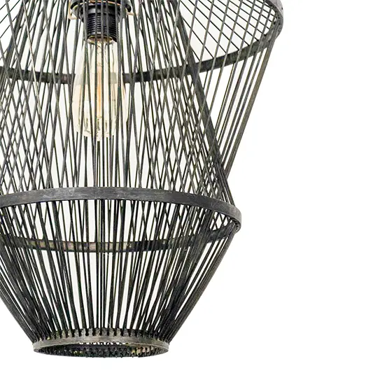 Angular black metal pendant light with geometric wire frame structure and open cage design suspended on clean neutral wall background for modern styling.