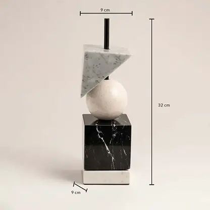 Marble geometric sculpture shown in 32 cm height 9 cm width and 9 cm depth for accurate home decor reference.