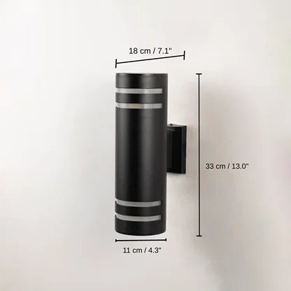Black cylindrical wall light, 33 x 11 x 18 cm (13.0 x 4.3 x 7.1 inches) dimensions