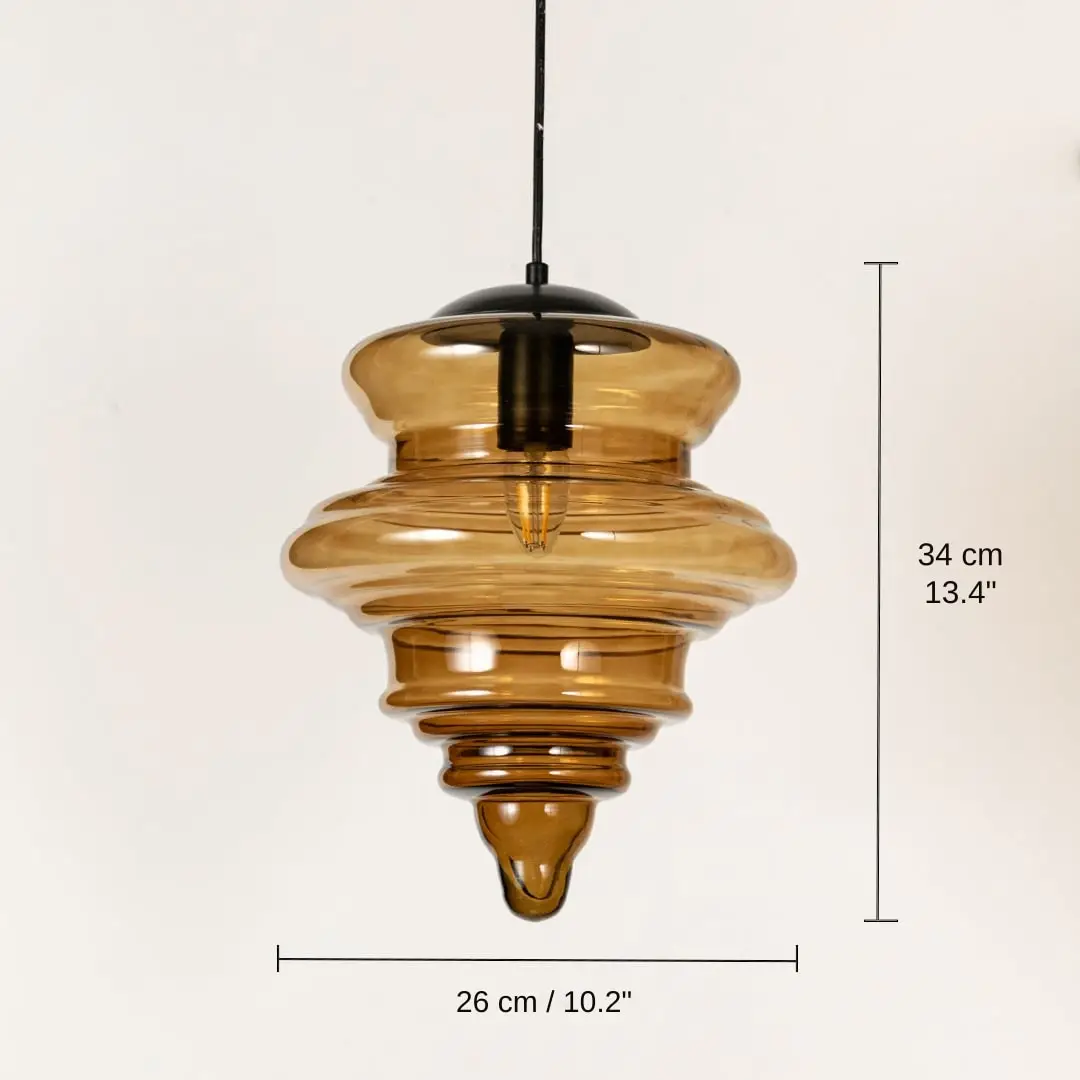 Amber ribbed glass pendant light, 34 x 26 x 26 cm (13.4 x 10.2 x 10.2 inches) dimensions