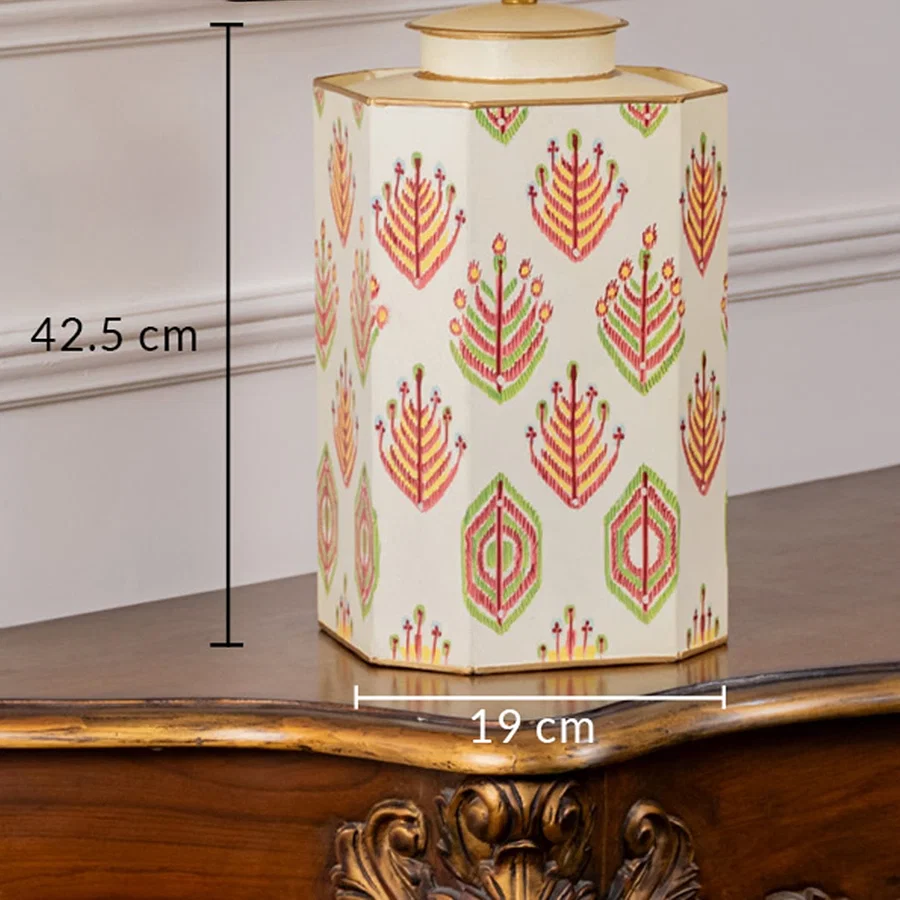 Table lamp dimension image highlighting patterned ceramic base with leaf motifs measuring about 42.5 cm height and 19 cm width.