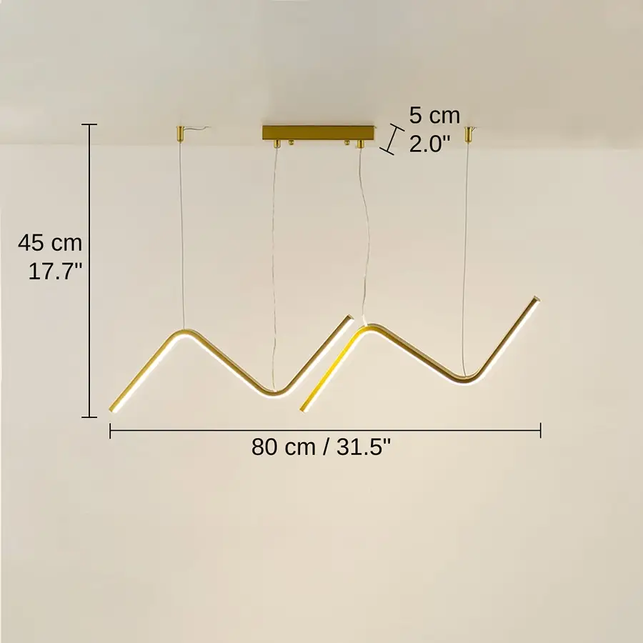 Gold wave LED chandelier, 45 x 80 x 5 cm (17.7 x 31.5 x 2.0 inches) dimensions