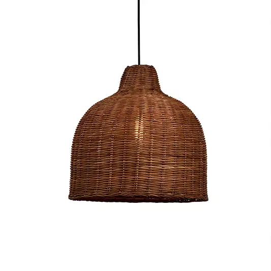 Dark brown rattan dome pendant light with classic weave natural hanging lamp for living room boho decor lighting.

