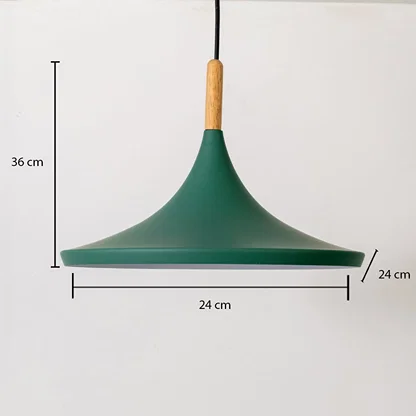 Dimension image of teal green metal pendant light with wooden accent showing 36 cm height and 24 cm width.