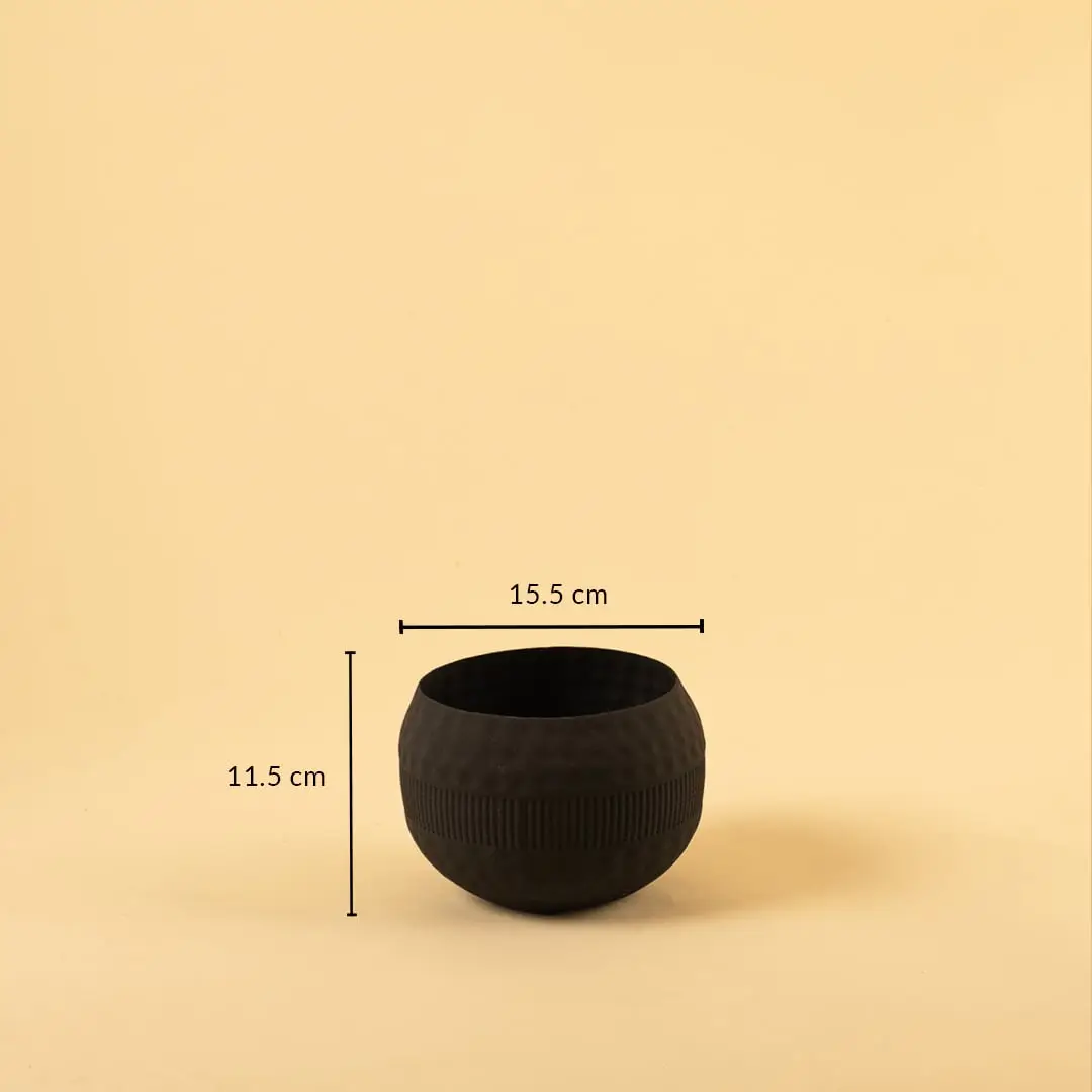 Black metal textured bowl decor with width 15.5 cm and height 11.5 cm shown for accurate sizing.