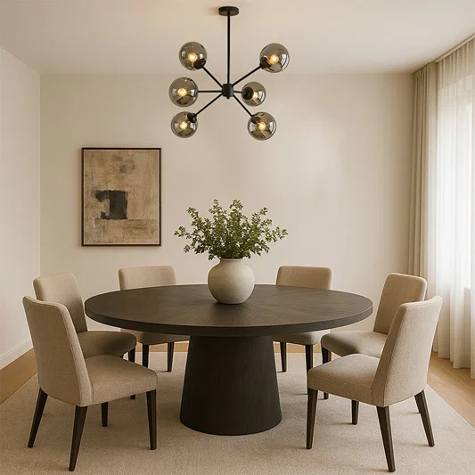 Designer chrome glass chandelier with geometric frame enhancing dining areas living rooms and modern luxury interior spaces.