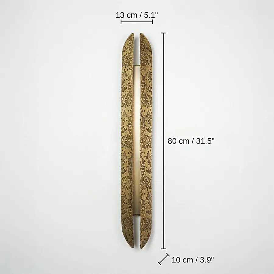 Minimal gold wall light with slim vertical textured glass shade, 80 x 13 x 10 cm (31.5 x 5.1 x 3.9 inches) dimensions