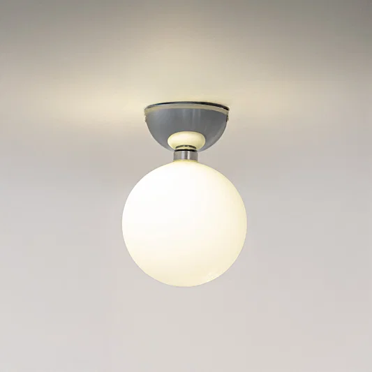 Modern grey metal ceiling light with frosted white glass globe for stylish hallway and minimalist decor spaces.