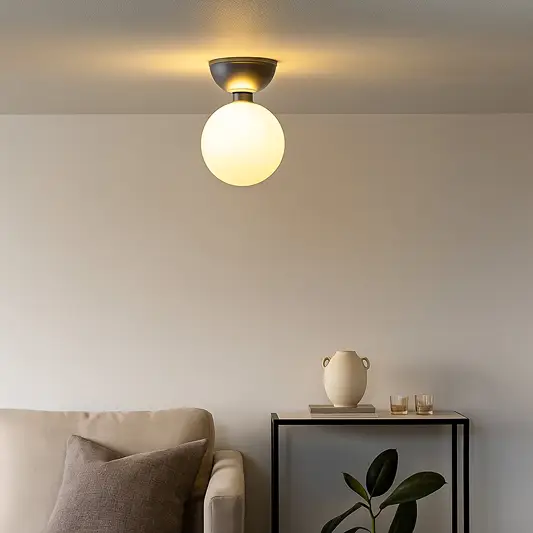 Modern ceiling light with chrome base and frosted glass globe styled in cozy living room for home interior lighting.