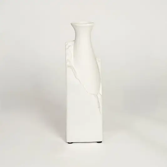 Minimal white ceramic decorative vase on white background tall modern accent piece suitable for console table shelf or floor styling.