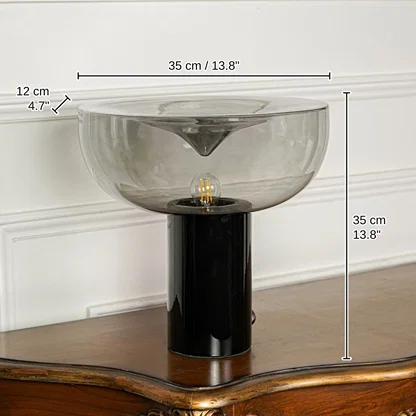 Modern smoked glass table lamp with black metal base, 35 x 35 x 12 cm (13.8 x 13.8 x 4.7 inches) dimensions