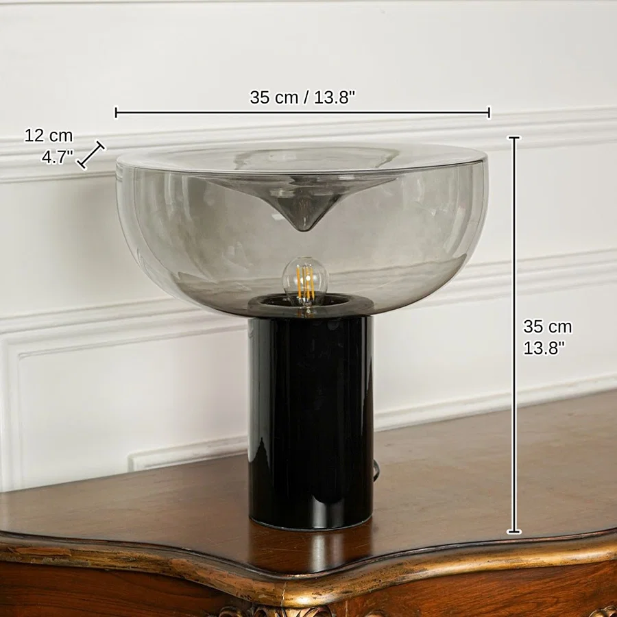 Modern smoked glass table lamp with black metal base, 35 x 35 x 12 cm (13.8 x 13.8 x 4.7 inches) dimensions