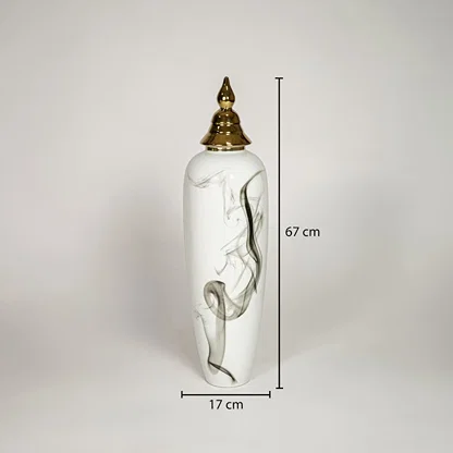 White ceramic tall decorative vase showing 17 cm width and 67 cm height ideal for living room floor decor display.