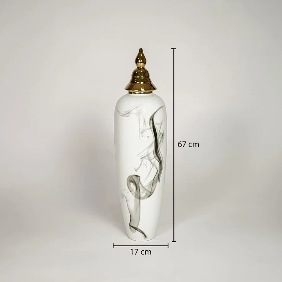 White ceramic tall decorative vase showing 17 cm width and 67 cm height ideal for living room floor decor display.