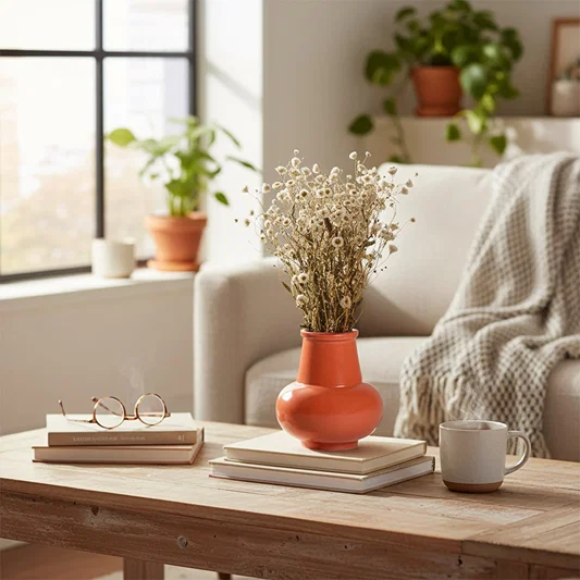 Warm lifestyle shot of an orange ceramic vase styled on a minimal decor setup adding modern charm to living room or tabletop decor.