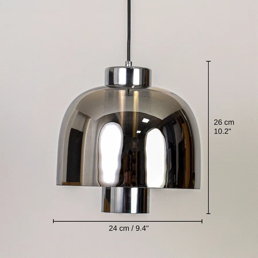 Smoky glass and chrome metal pendant light, 26 x 24 x 24 cm (10.2 x 9.4 x 9.4 inches) dimensions