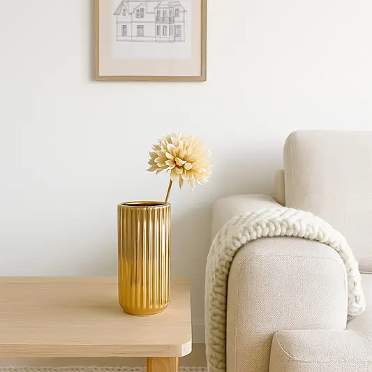 A glossy gold ribbed vase styled in a soft minimal setting creating a warm elegant lifestyle look that highlights its modern reflective finish.