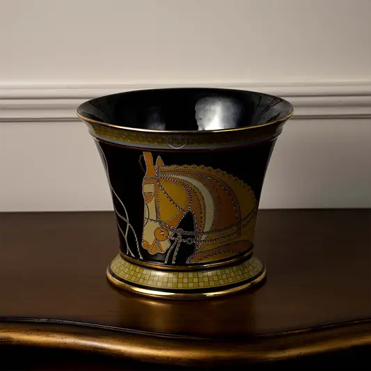 White background image black ceramic vase with golden horse design and glossy finish elegant decorative home accent