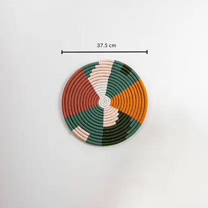Dimension image of handcrafted multicolor seagrass wall basket for living room bedroom and boho wall décor display.