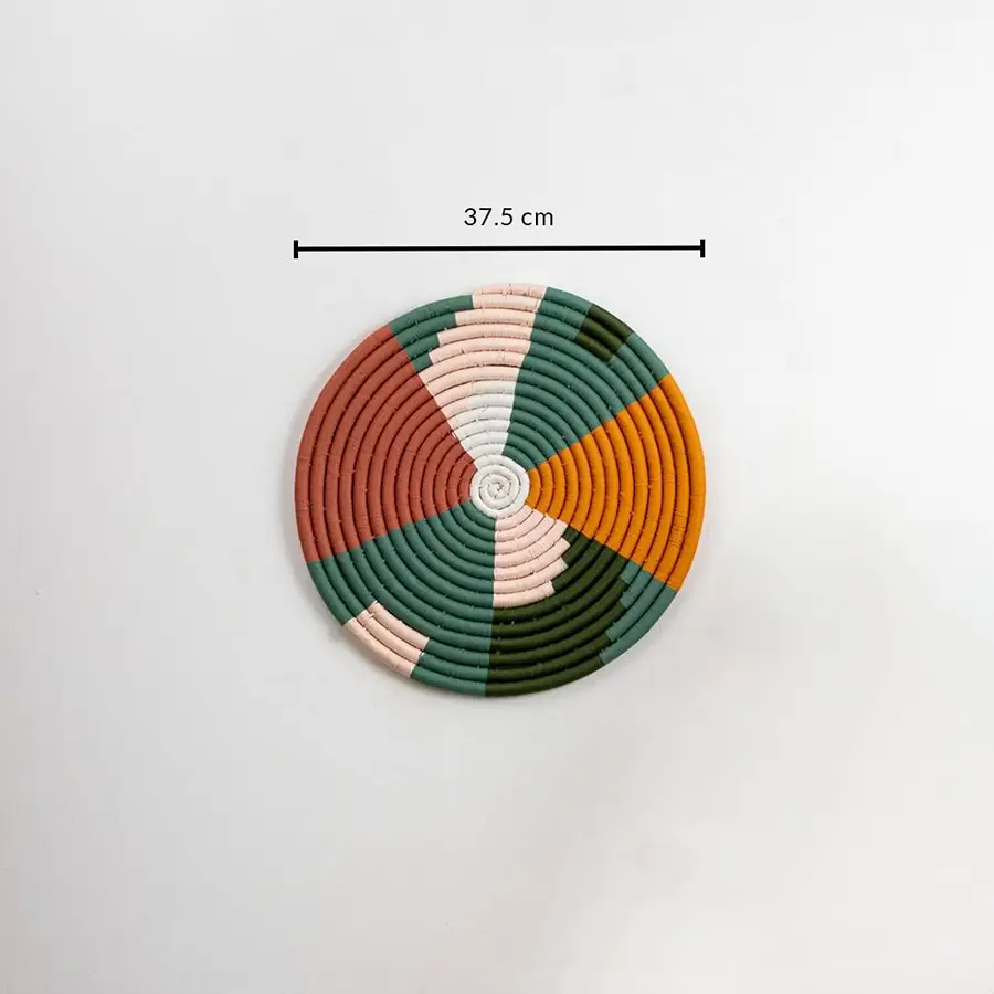 Dimension image of handcrafted multicolor seagrass wall basket for living room bedroom and boho wall décor display.