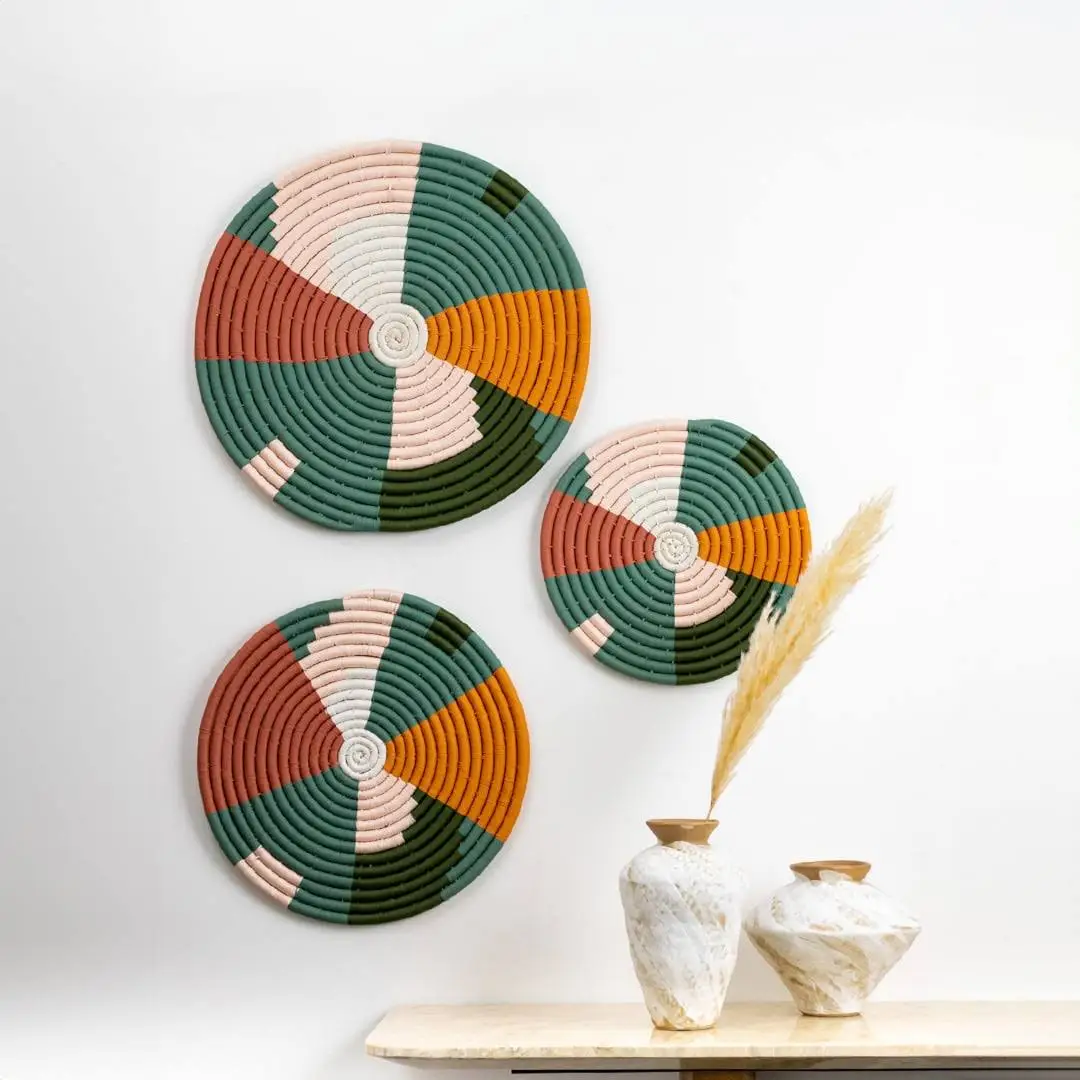 Natural multicolor seagrass wall basket set with geometric woven design for modern boho home wall décor styling.