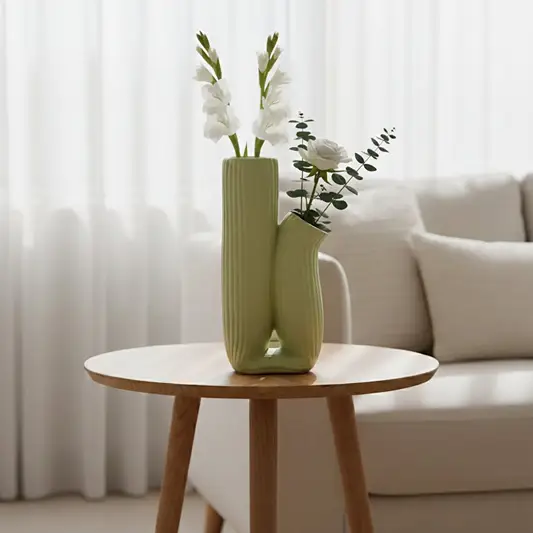 Light green ceramic ribbed dual vase placed on round side table with flowers styled in bright living room.