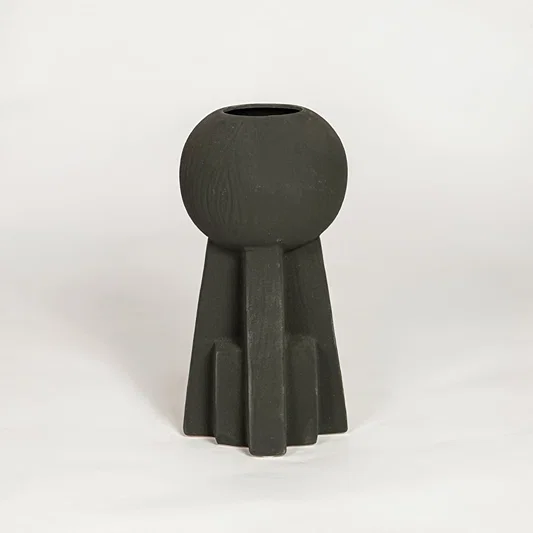Modern black ceramic sculptural decorative vase ideal for dried flower arrangement on console table shelf and stylish home decor.