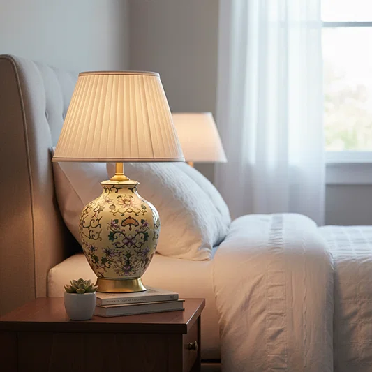 Floral ceramic table lamp with fabric shade beside a bed creating warm ambient lighting for classic bedroom interiors.